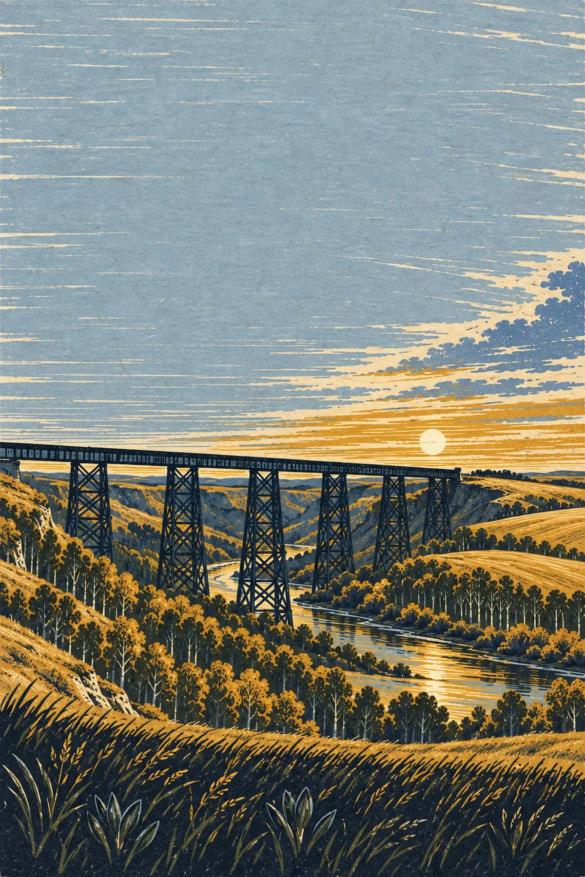 Woodcut-style illustration of the Fabyan trestle crossing the Battle River valley at sunset