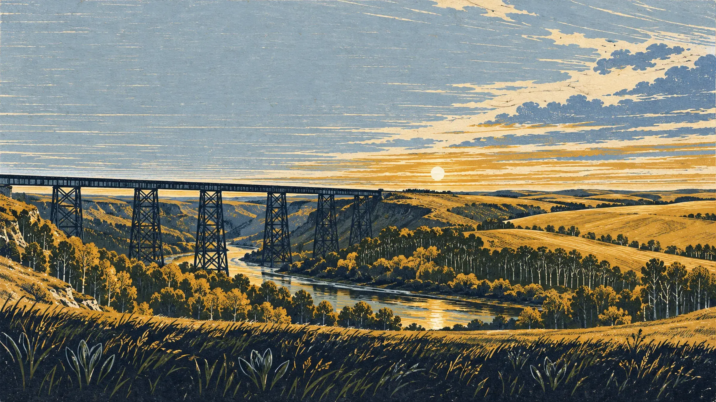 Woodcut-style illustration of the Fabyan trestle crossing the Battle River valley at sunset