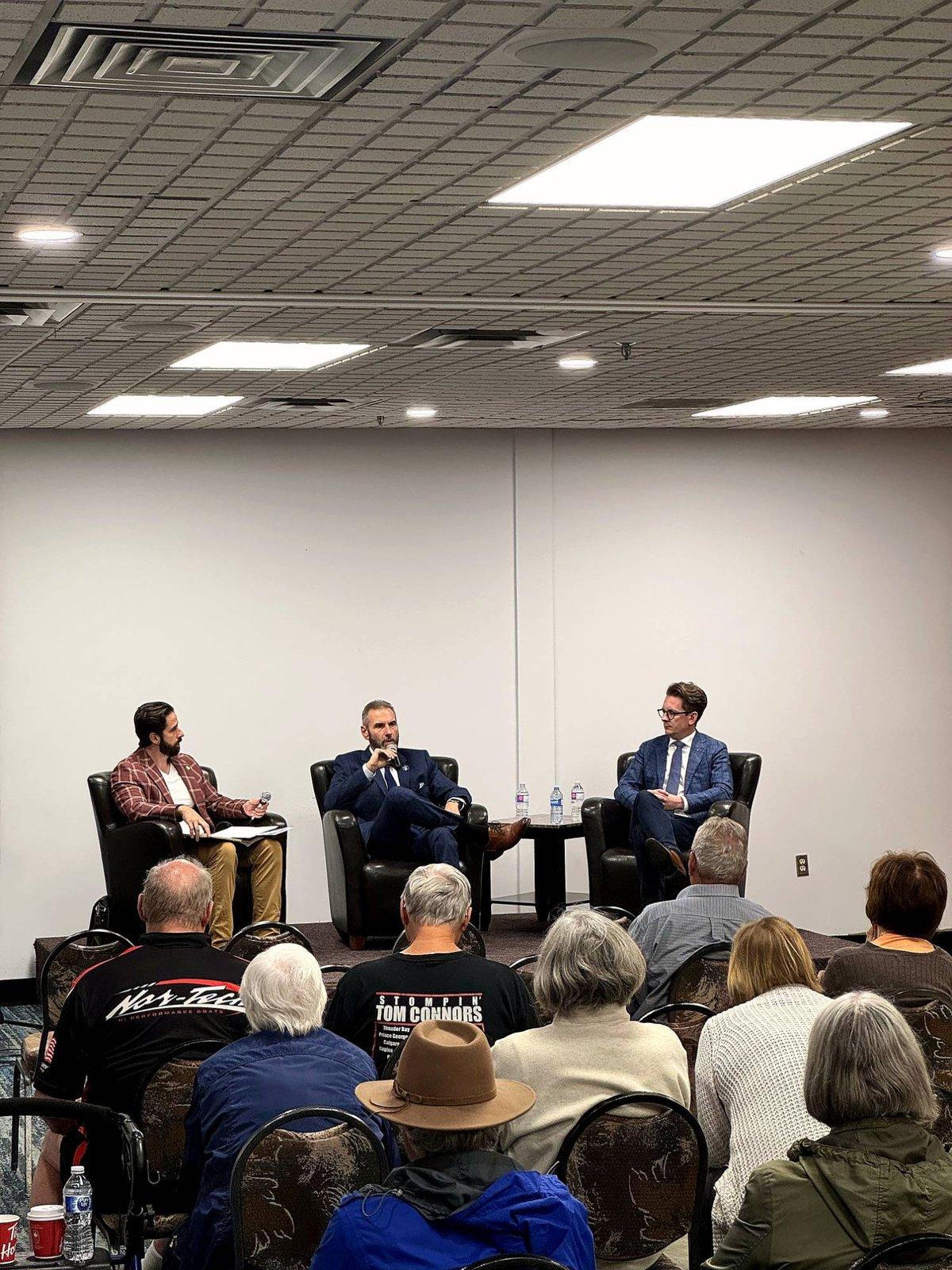 Stacy Miskew and Nate Glubish on stage at the Lloydminster fireside chat